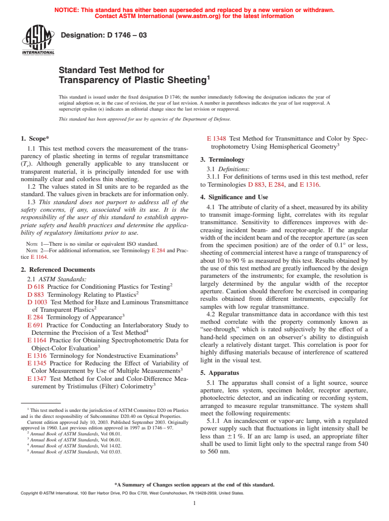 ASTM D1746-03 - Standard Test Method for Transparency of Plastic Sheeting