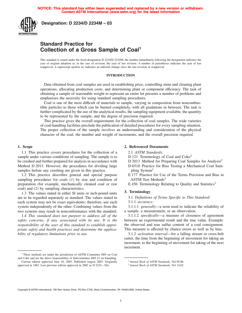 ASTM D2234/D2234M-03 - Standard Practice for Collection of a Gross Sample of Coal