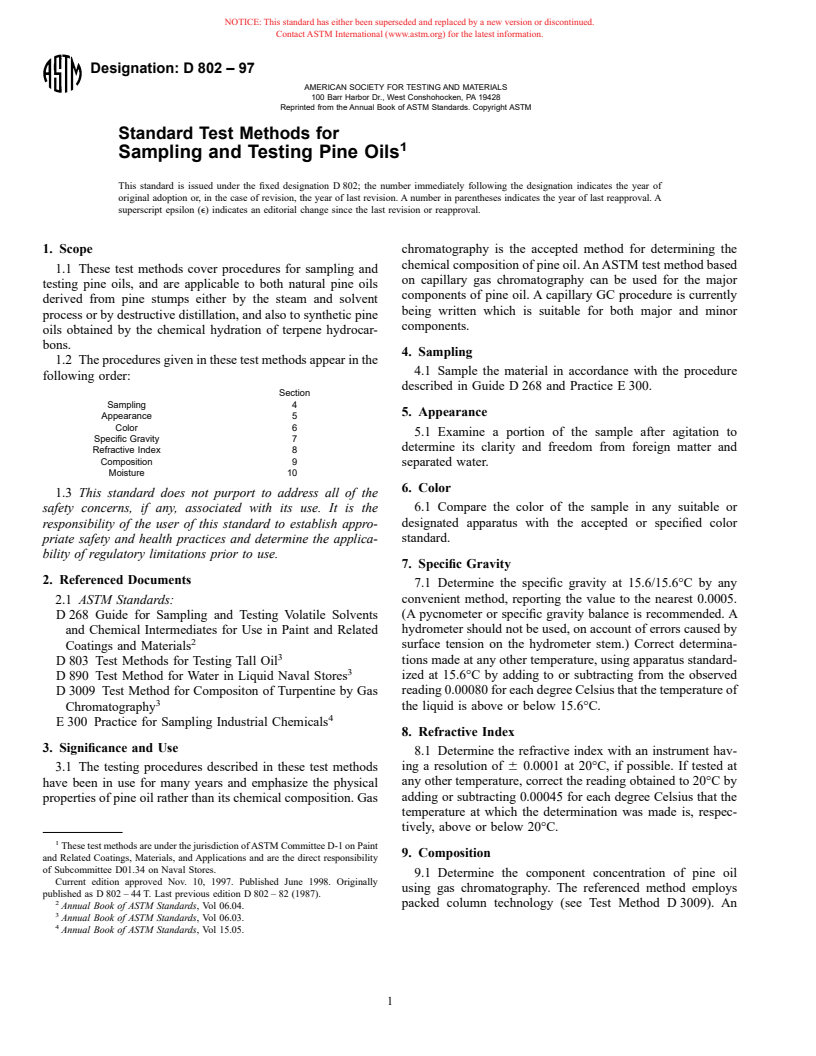 ASTM D802-97 - Standard Test Methods for Sampling and Testing Pine Oils