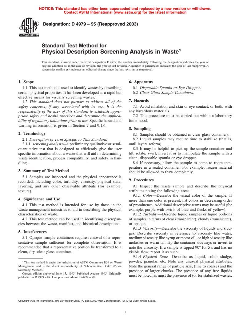 ASTM D4979-95(2003) - Standard Test Method for Physical Description Screening Analysis in Waste