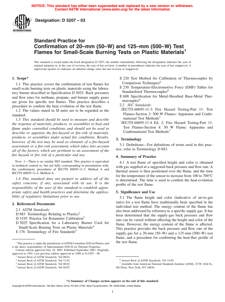 ASTM D5207-03 - Standard Practice for Confirmation of 20-mm (50-W) and 125-mm (500-W) Test Flames for Small-Scale Burning Tests on Plastic Materials