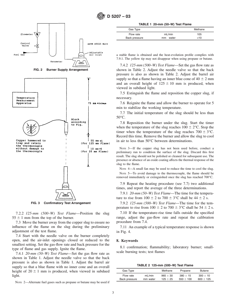 ASTM D5207-03 - Standard Practice for Confirmation of 20-mm (50-W) and 125-mm (500-W) Test Flames for Small-Scale Burning Tests on Plastic Materials