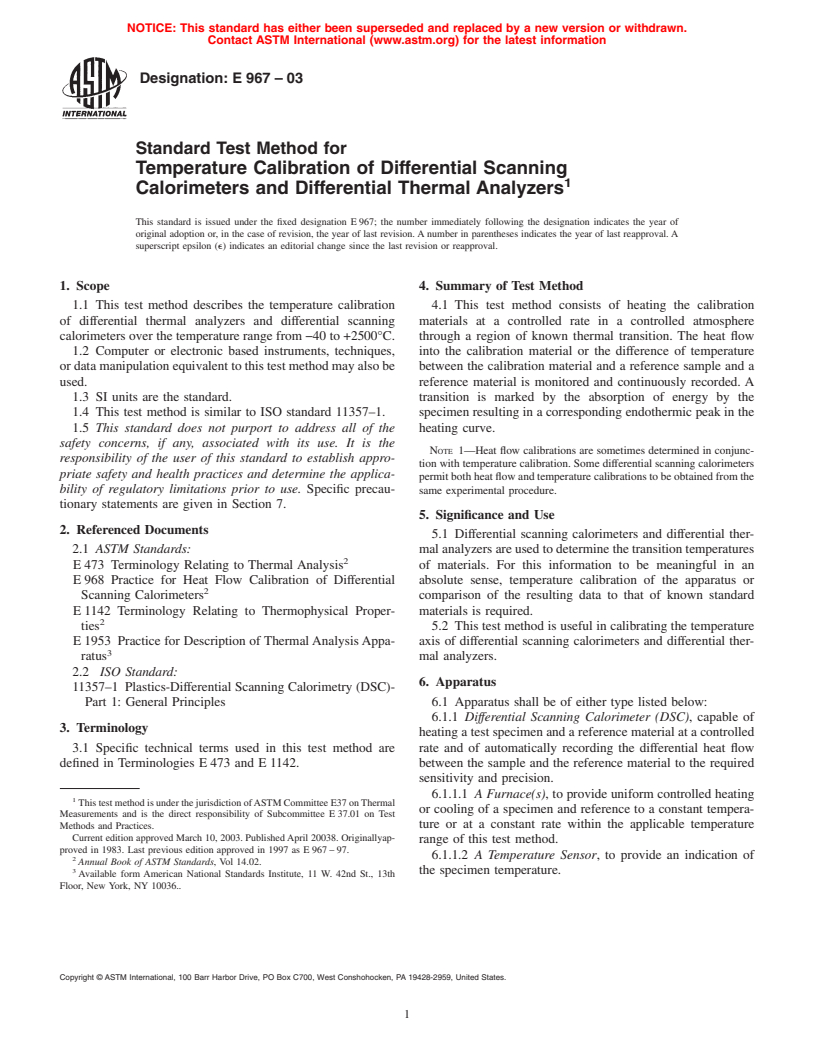 ASTM E967-03 - Standard Practice for Temperature Calibration of Differential Scanning Calorimeters and Differential Thermal Analyzers