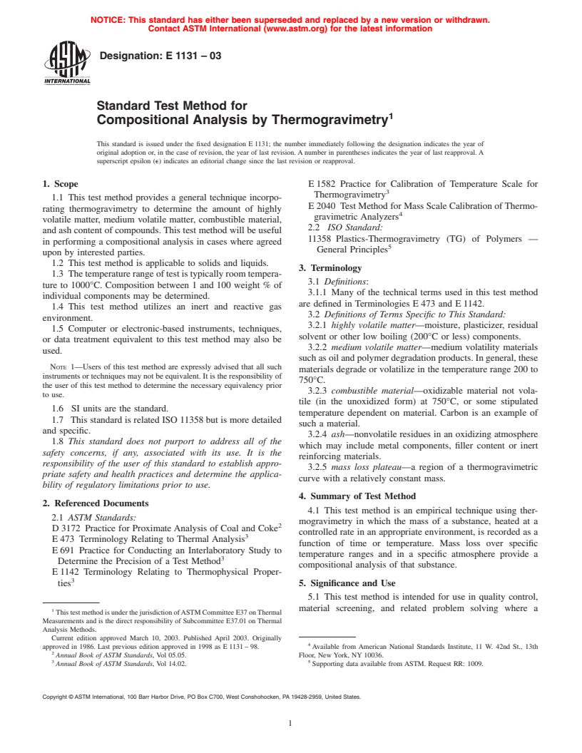 ASTM E1131-03 - Standard Test Method for Compositional Analysis by Thermogravimetry