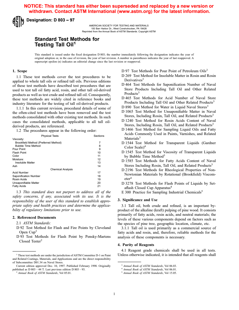 ASTM D803-97 - Standard Test Methods for Testing Tall Oil