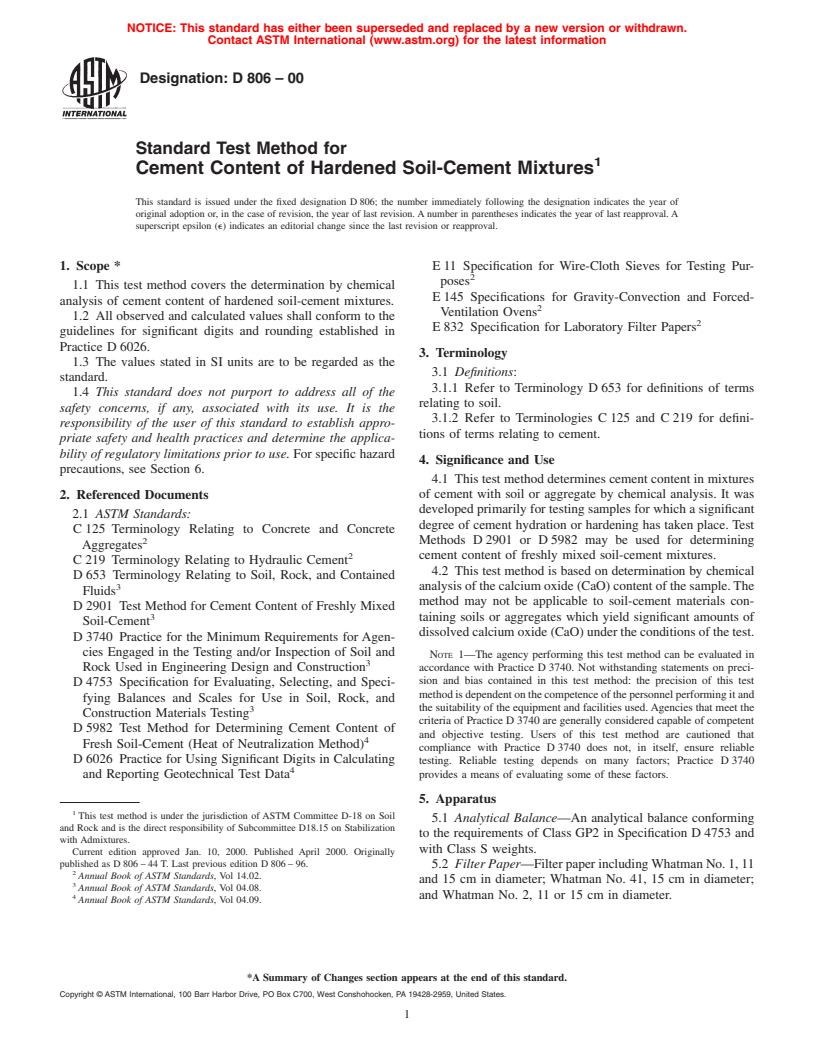 ASTM D806-00 - Standard Test Method for Cement Content of Hardened Soil-Cement Mixtures