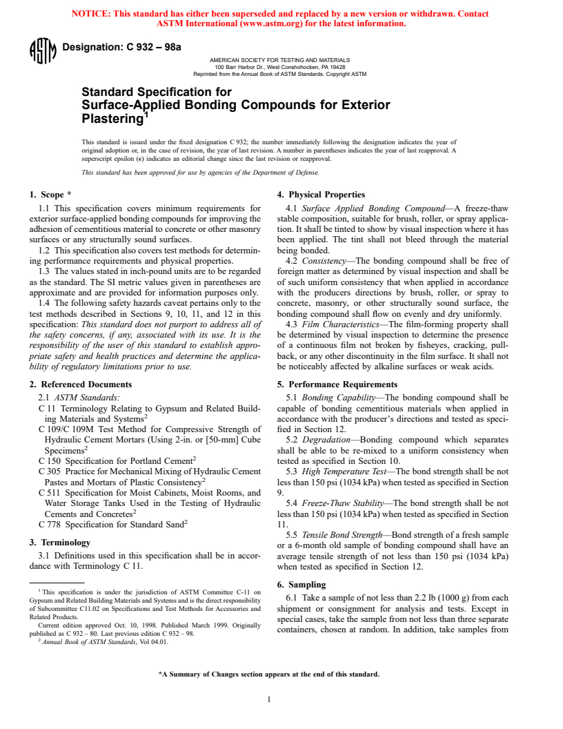 ASTM C932-98a - Standard Specification for Surface-Applied Bonding Agents for Exterior Plastering