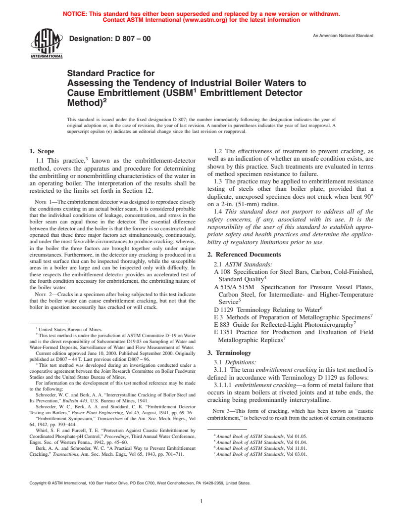 ASTM D807-00 - Standard Practice for Assessing the Tendency of Industrial Boiler Waters to Cause Embrittlement (USBM Embrittlement Detector Method)