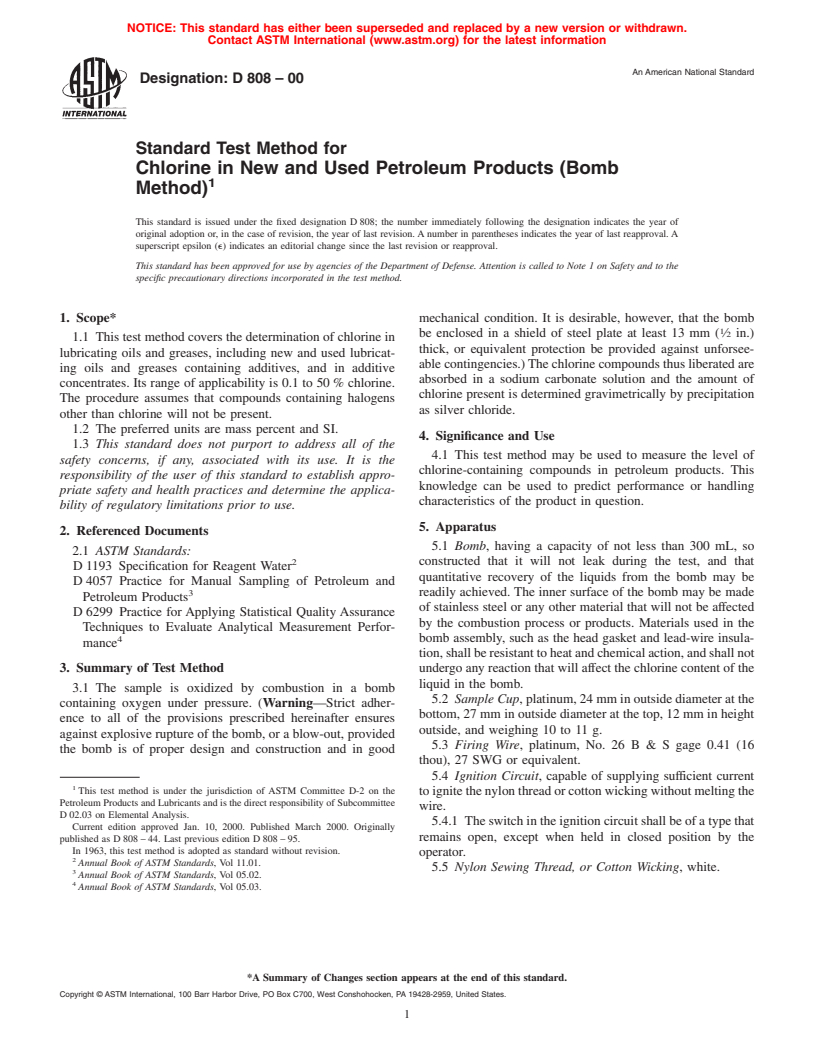 ASTM D808-00 - Standard Test Method for Chlorine in New and Used Petroleum Products (Bomb Method)