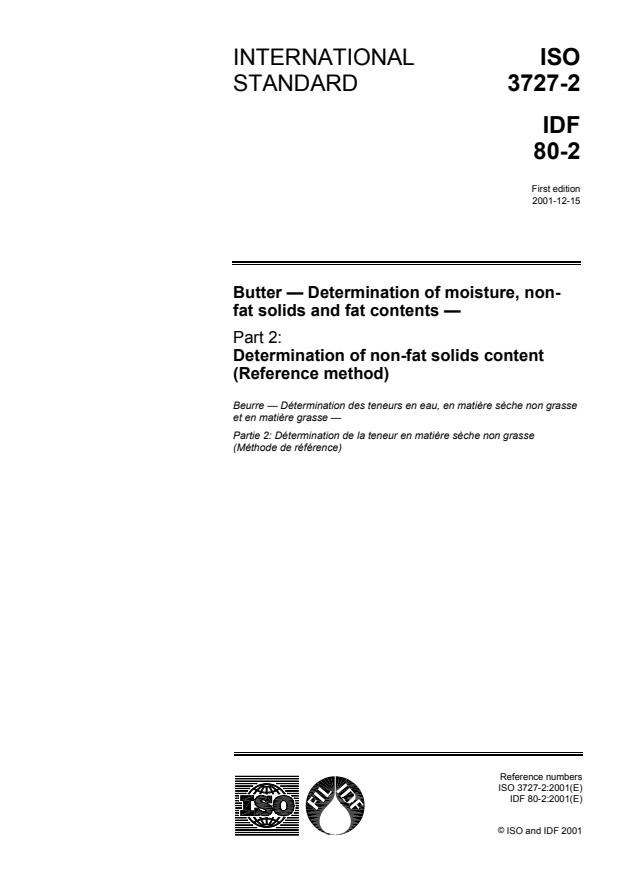 ISO 3727-2:2001 - Butter -- Determination of moisture, non-fat solids and fat contents