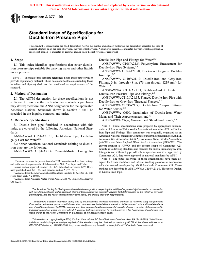 ASTM A377-99 - Standard Index of Specifications for Ductile-Iron Pressure Pipe