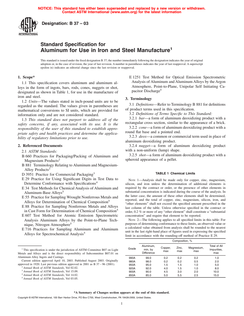 ASTM B37-03 - Standard Specification for Aluminum for Use in Iron and Steel Manufacture