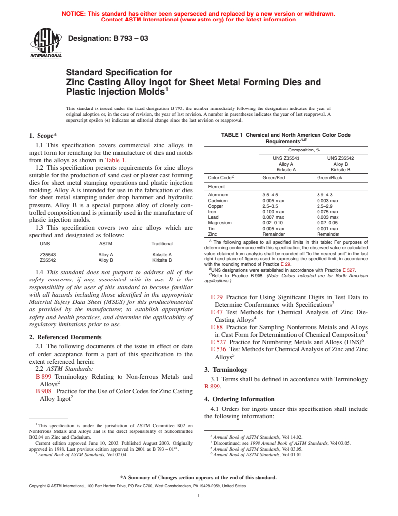 ASTM B793-03 - Standard Specification for Zinc Casting Alloy Ingot for Sheet Metal Forming Dies and Plastic Injection Molds