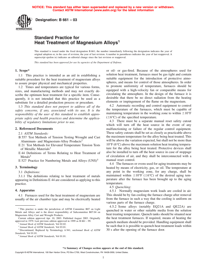 ASTM B661-03 - Standard Practice for Heat Treatment of Magnesium Alloys