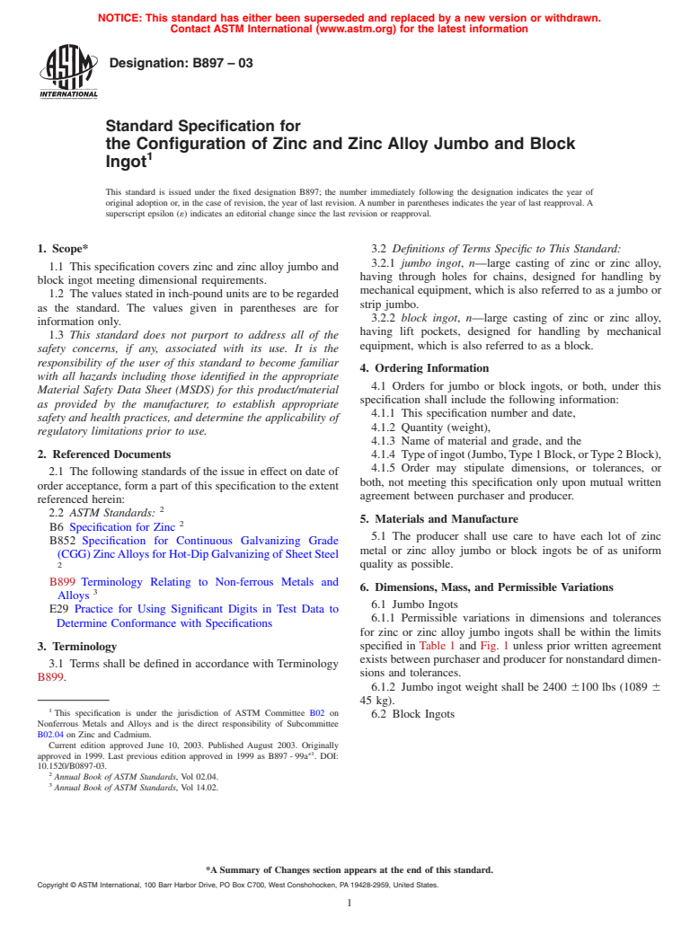 ASTM B897-03 - Standard Specification for Configuration of Zinc and Zinc Alloy Jumbo and Block Ingot