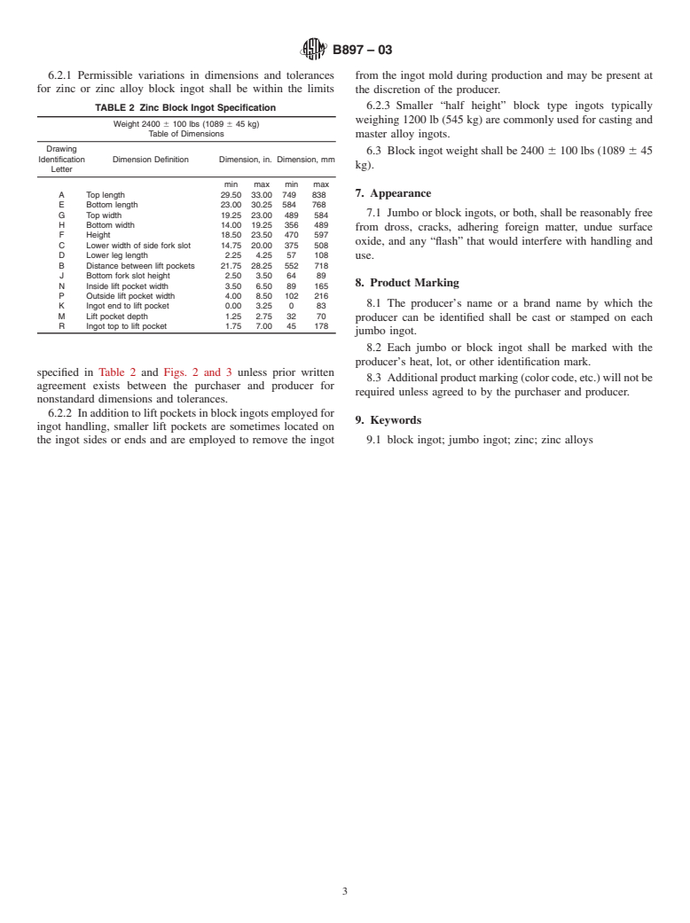 ASTM B897-03 - Standard Specification for Configuration of Zinc and Zinc Alloy Jumbo and Block Ingot