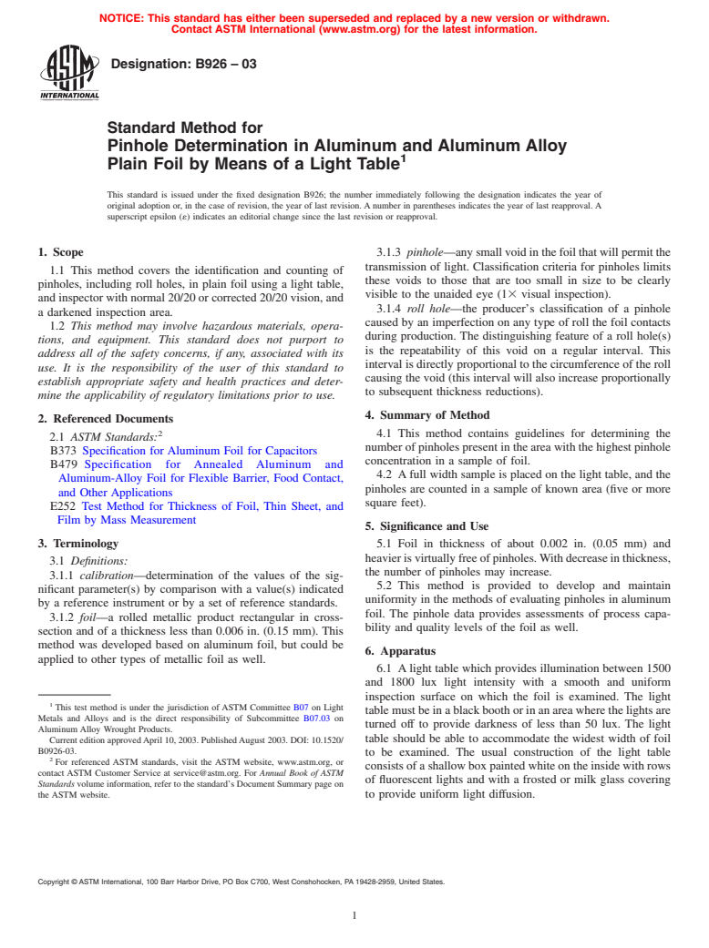 ASTM B926-03 - Standard Method for Pinhole Determination in Aluminum and Aluminum Alloy Plain Foil by Means of a Light Table