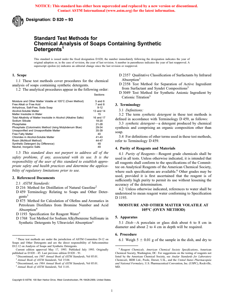 ASTM D820-93 - Standard Test Methods for Chemical Analysis of Soaps Containing Synthetic Detergents