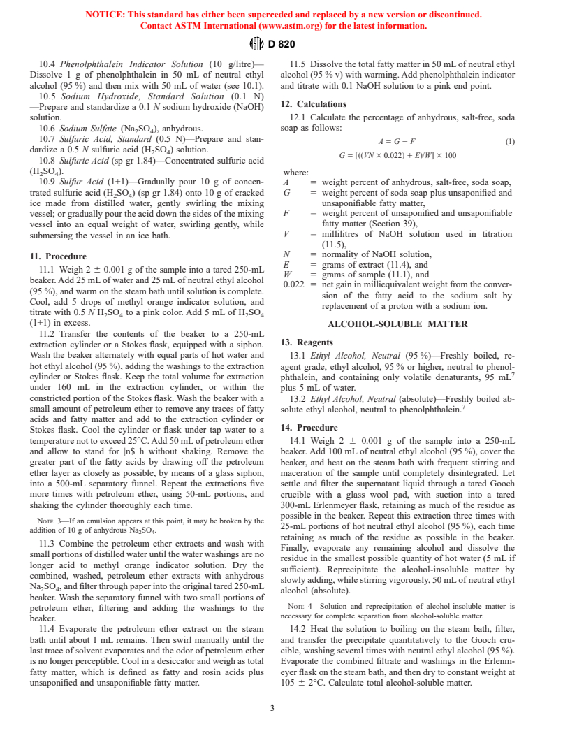 ASTM D820-93 - Standard Test Methods for Chemical Analysis of Soaps Containing Synthetic Detergents