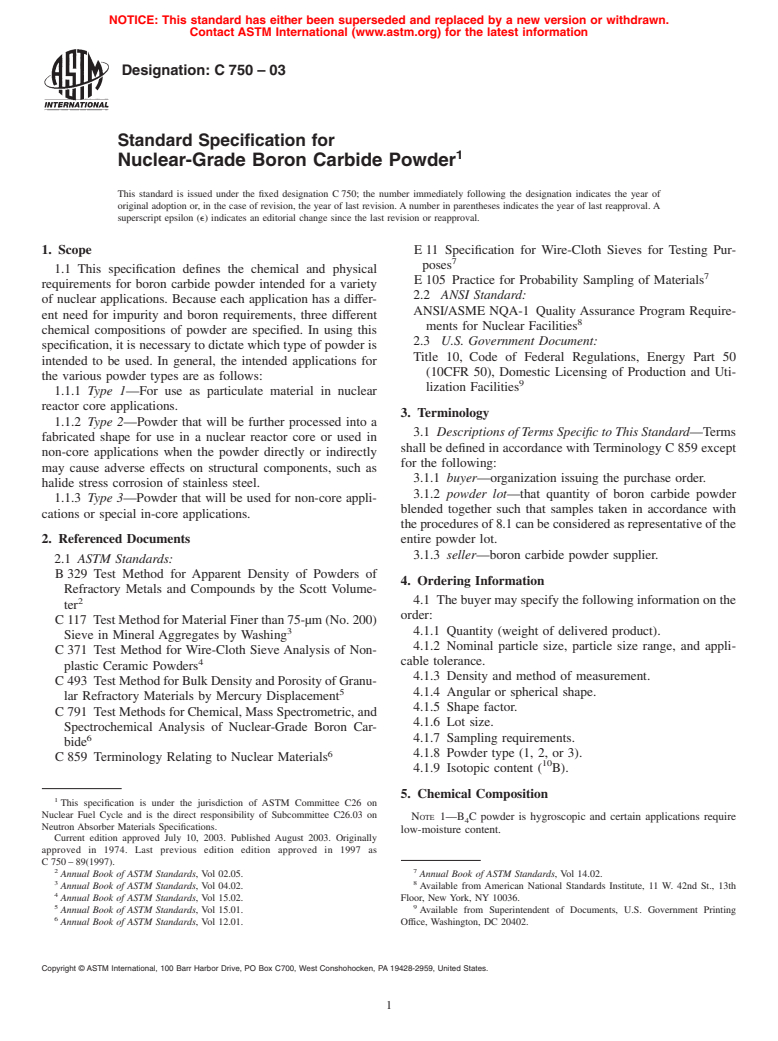 ASTM C750-03 - Standard Specification for Nuclear-Grade Boron Carbide Powder