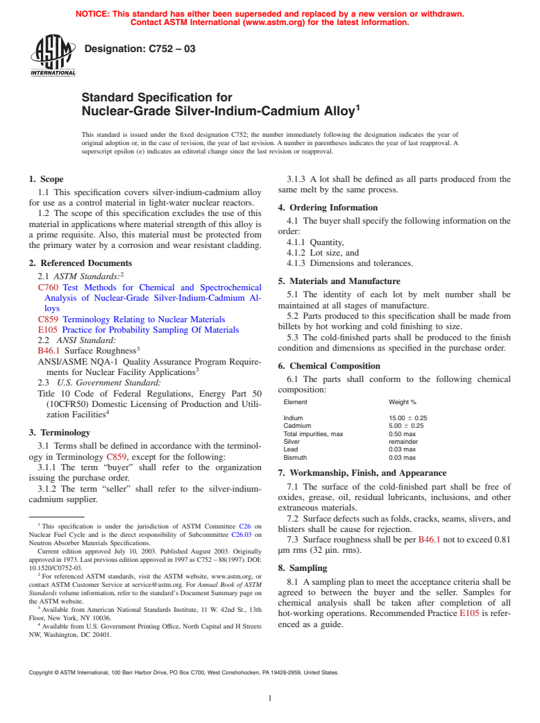 ASTM C752-03 - Standard Specification for Nuclear-Grade Silver-Indium-Cadmium Alloy