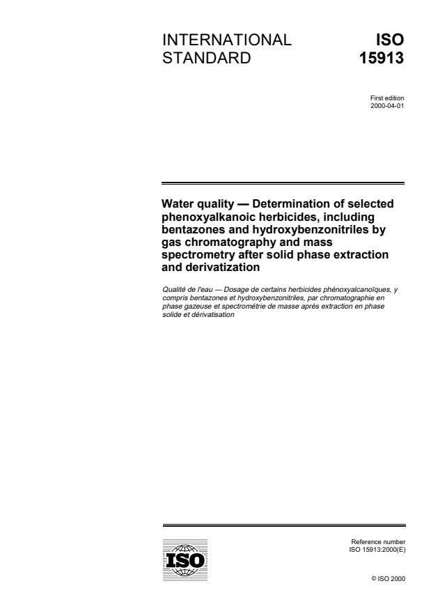 ISO 15913:2000 - Water quality -- Determination of selected phenoxyalkanoic herbicides, including bentazones and hydroxybenzonitriles by gas chromatography and mass spectrometry after solid phase extraction and derivatization