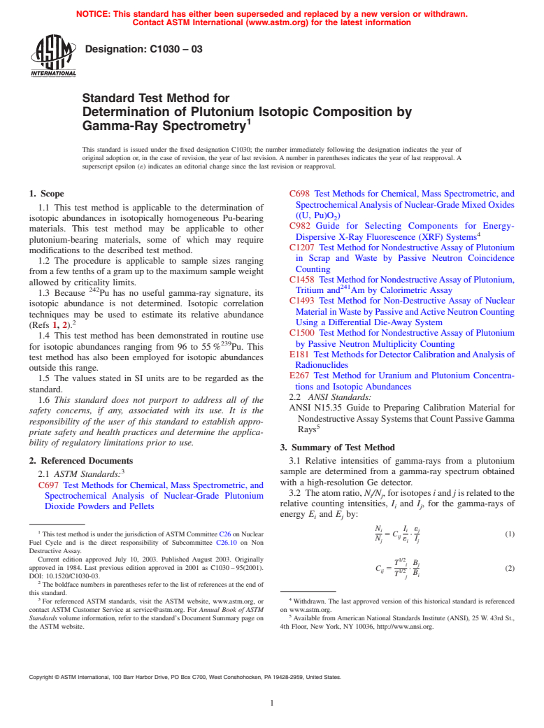 ASTM C1030-03 - Standard Test Method for Determination of Plutonium Isotopic Composition by Gamma-Ray Spectrometry