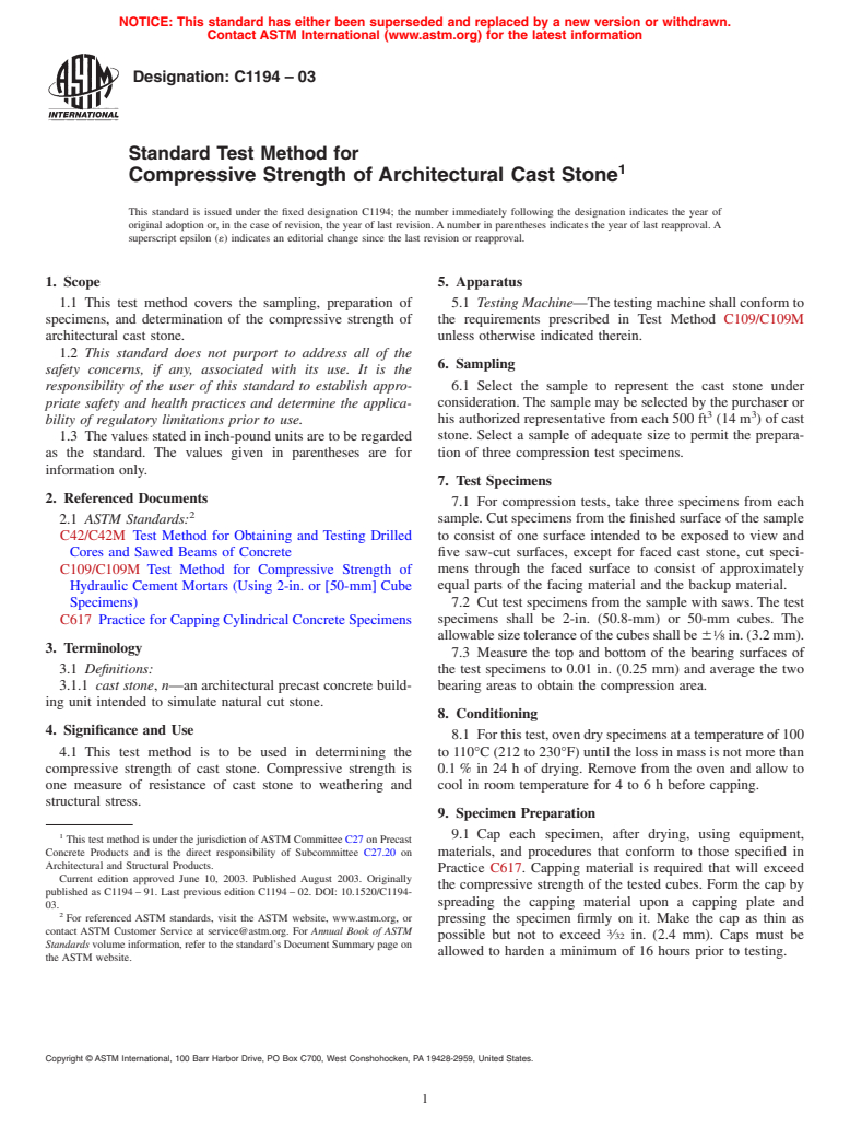 ASTM C1194-03 - Standard Test Method for Compressive Strength of Architectural Cast Stone