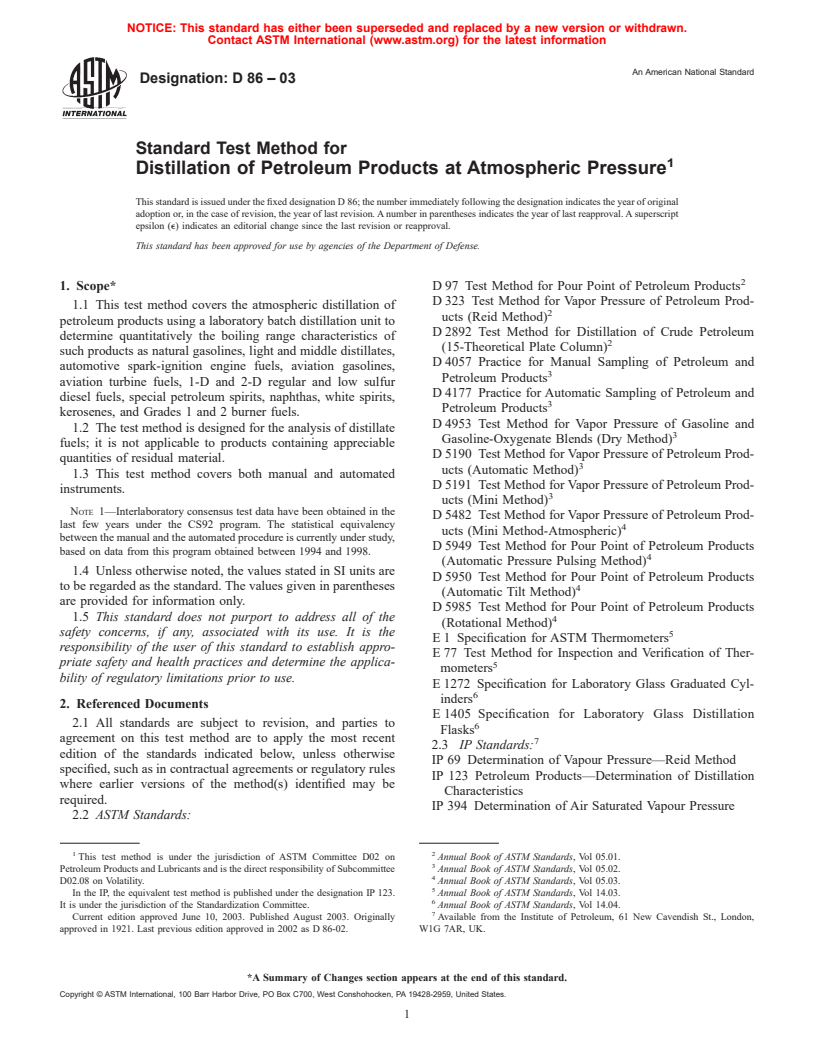 ASTM D86-03 - Standard Test Method for Distillation of Petroleum Products at Atmospheric Pressure