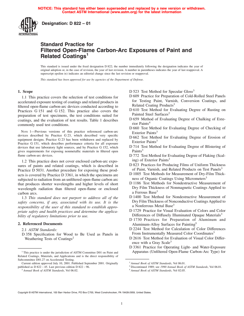 ASTM D822-01 - Standard Practice for Filtered Open-Flame Carbon-Arc Exposures of Paint and Related Coatings