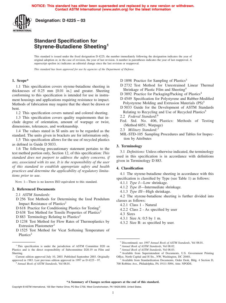 ASTM D4225-03 - Standard Specification for Styrene-Butadiene Sheeting (Withdrawn 2009)