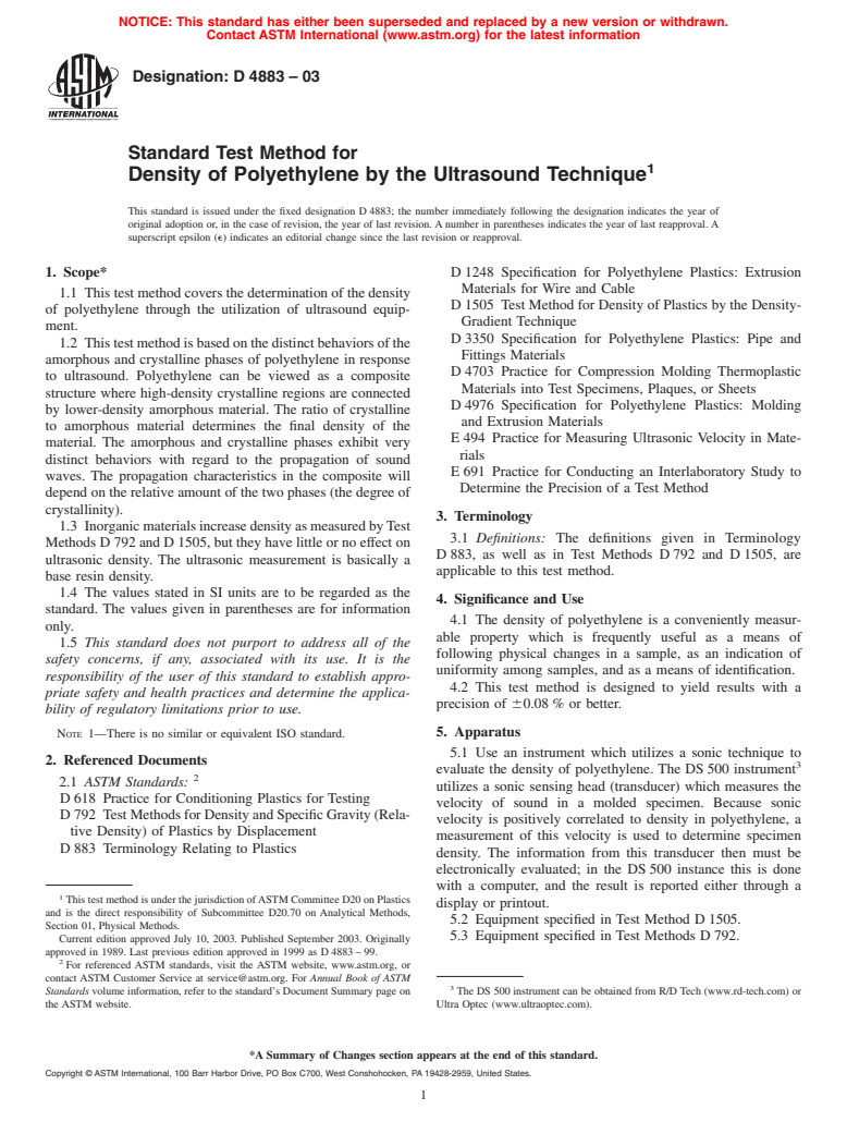 ASTM D4883-03 - Standard Test Method for Density of Polyethylene by the Ultrasound Technique