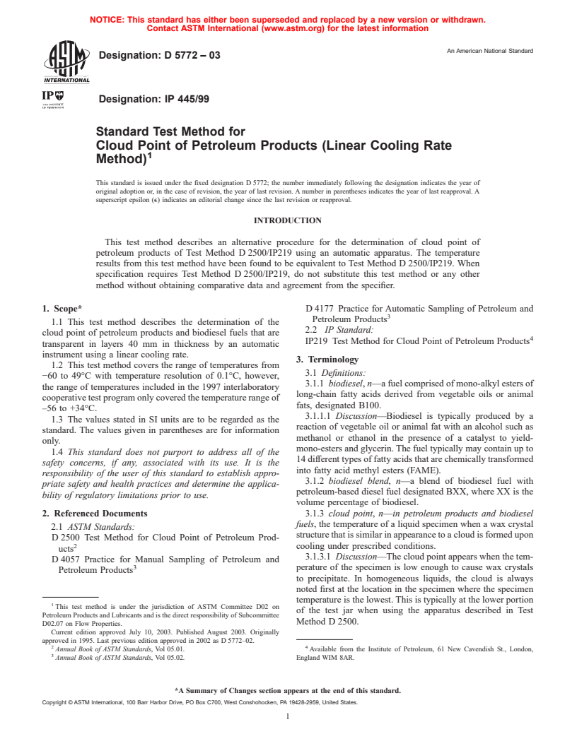 ASTM D5772-03 - Standard Test Method for Cloud Point of Petroleum Products (Linear Cooling Rate Method)