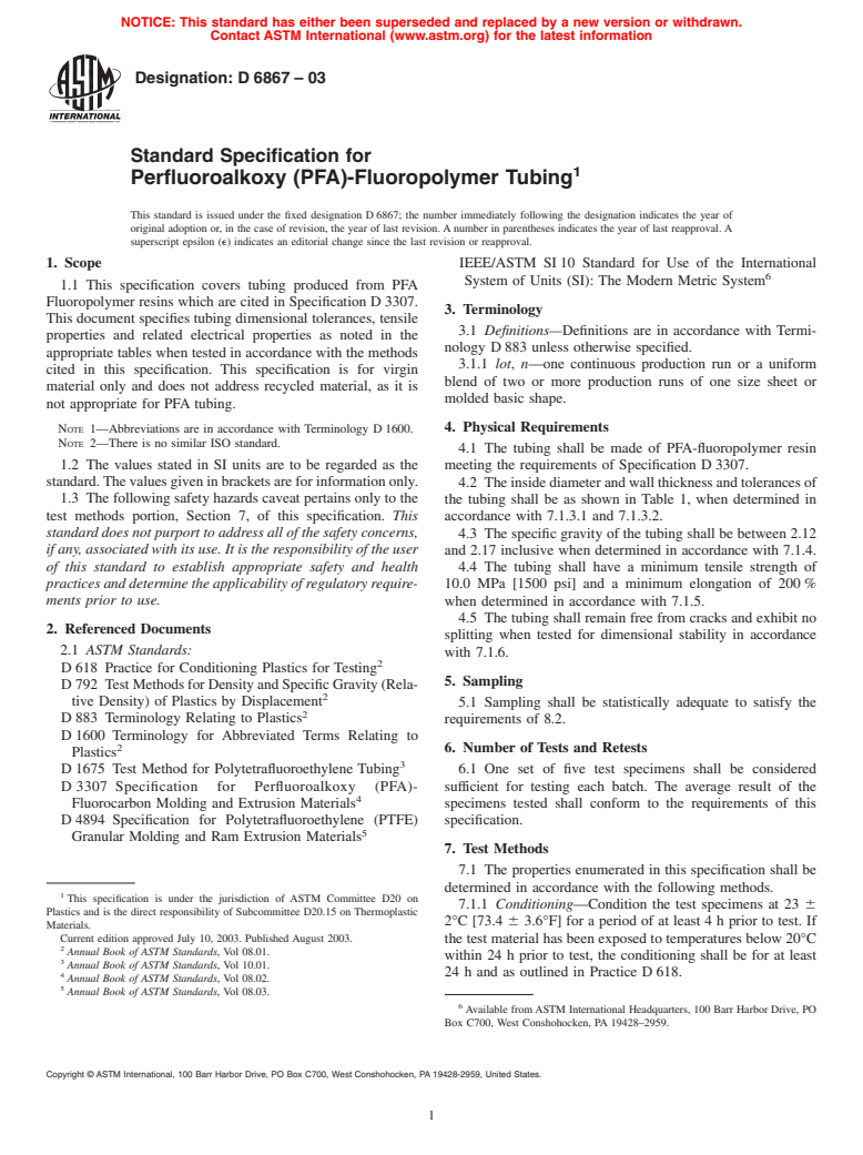 ASTM D6867-03 - Standard Specification for Perfluoroalkoxy (PFA)-Fluoropolymer Tubing