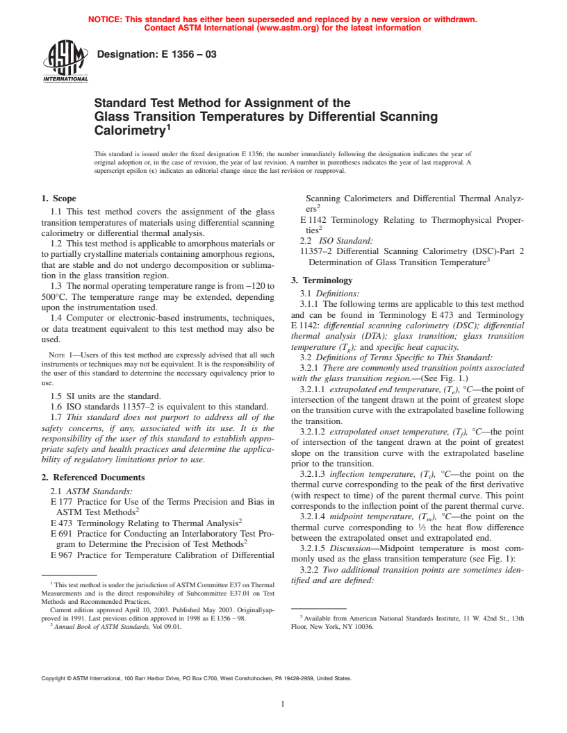 ASTM E1356-03 - Standard Test Method for Assignment of the Glass Transition Temperatures by Differential Scanning Calorimetry