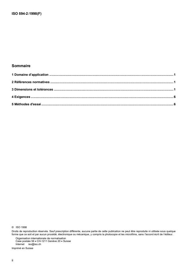ISO 594-2:1998 ISO 594-2:1998 - Assemblages coniques a 6 % (Luer) des seringues et aiguilles et de certains autres appareils a usage médical - Page 2 preview