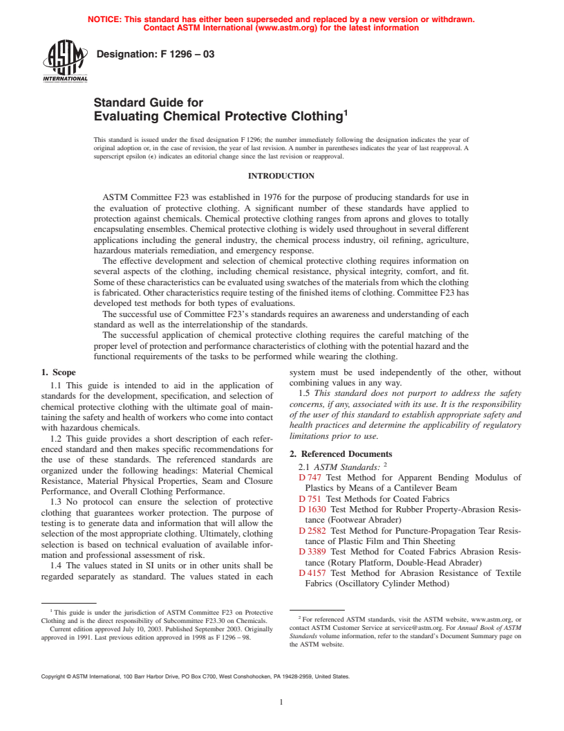 ASTM F1296-03 - Standard Guide for Evaluating Chemical Protective Clothing