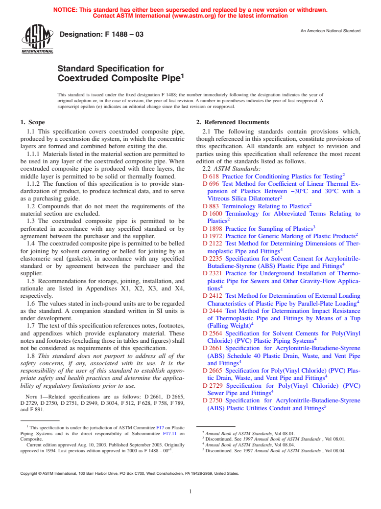 ASTM F1488-03 - Standard Specification for Coextruded Composite Pipe