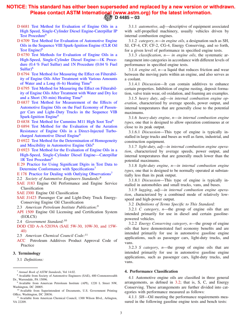 ASTM D4485-03 - Standard Specification for Performance of Engine Oils