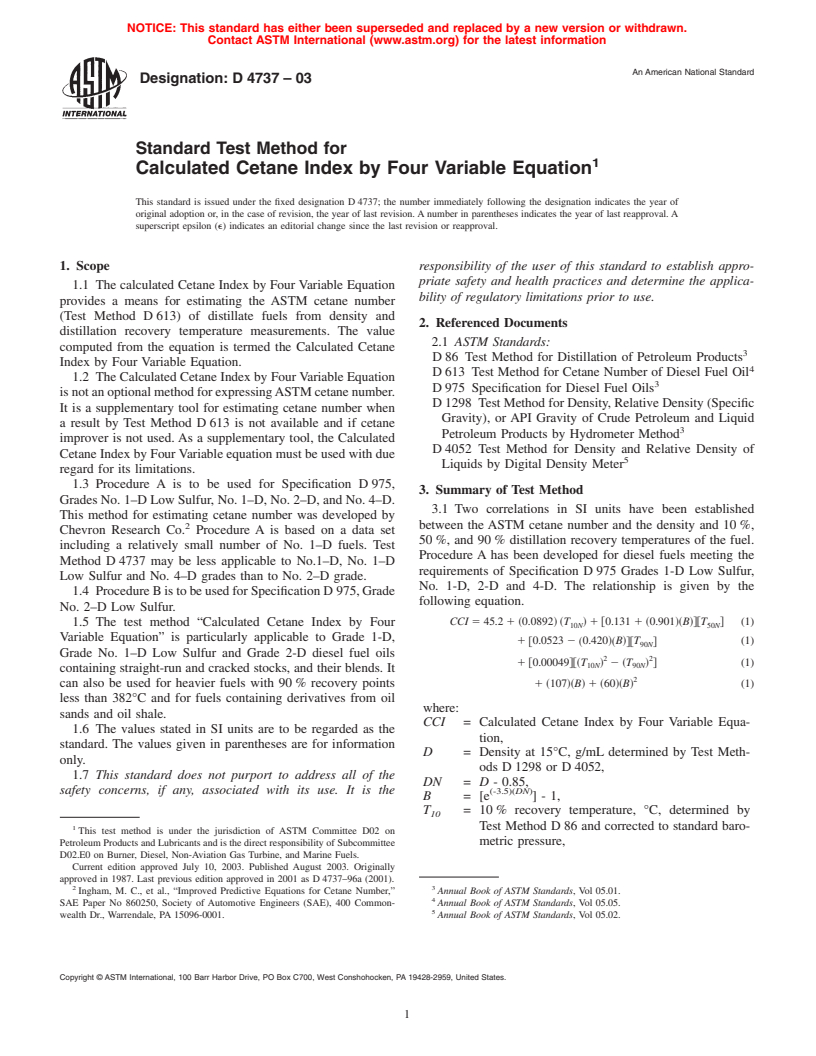 ASTM D4737-03 - Standard Test Method for Calculated Cetane Index by Four Variable Equation
