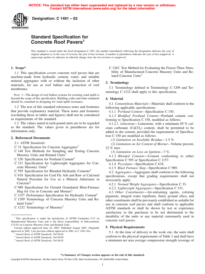 ASTM C1491-03 - Standard Specification for Concrete Roof Pavers