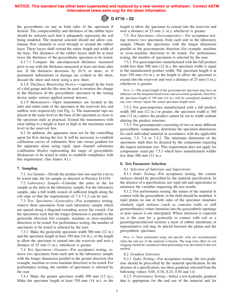 ASTM D4716-02 - Test Method for Determining the (In-plane) Flow Rate per Unit Width and Hydraulic Transmissivity of a Geosynthetic Using a Constant Head