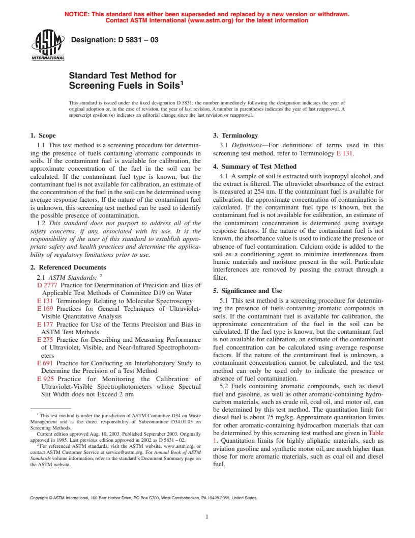 ASTM D5831-03 - Standard Test Method for Screening Fuels in Soils