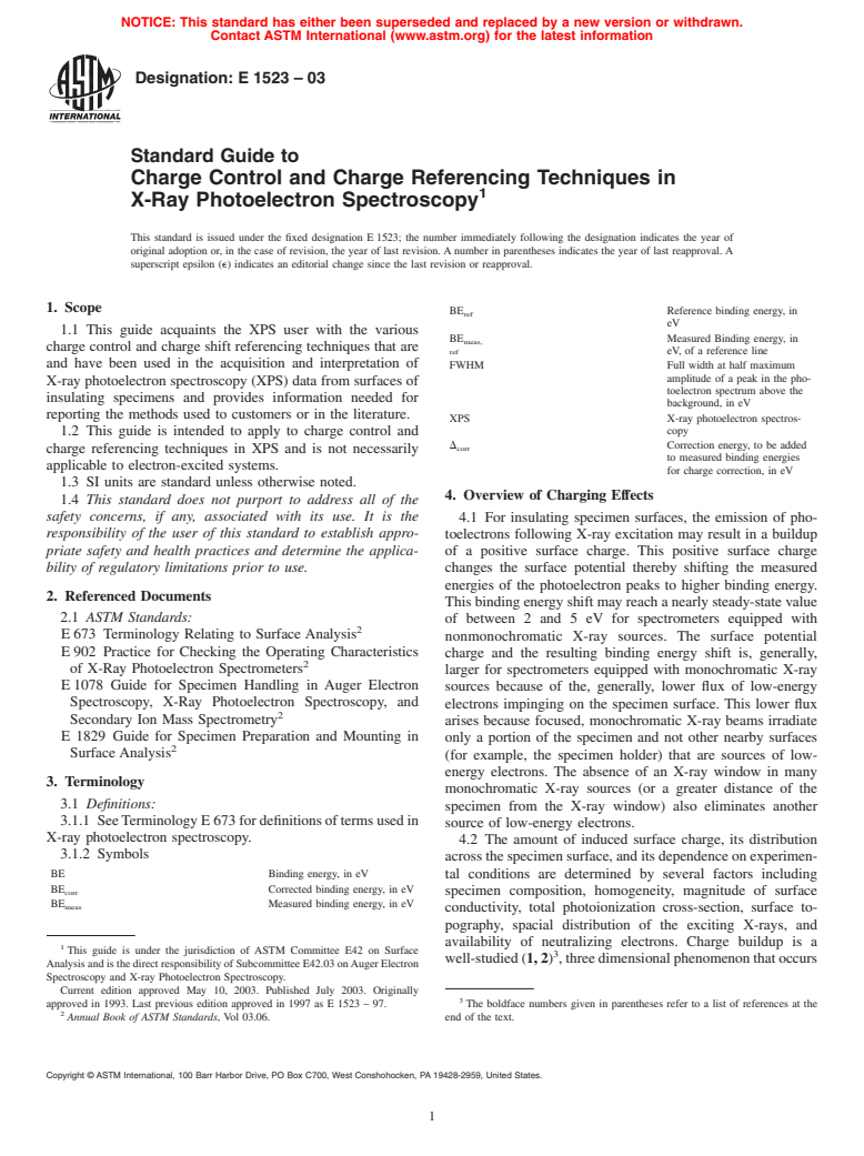 ASTM E1523-03 - Standard Guide to Charge Control and Charge Referencing Techniques in X-Ray Photoelectron Spectroscopy