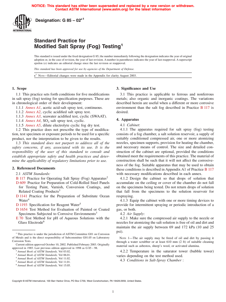 ASTM G85-02e1 - Standard Practice for Modified Salt Spray (Fog) Testing