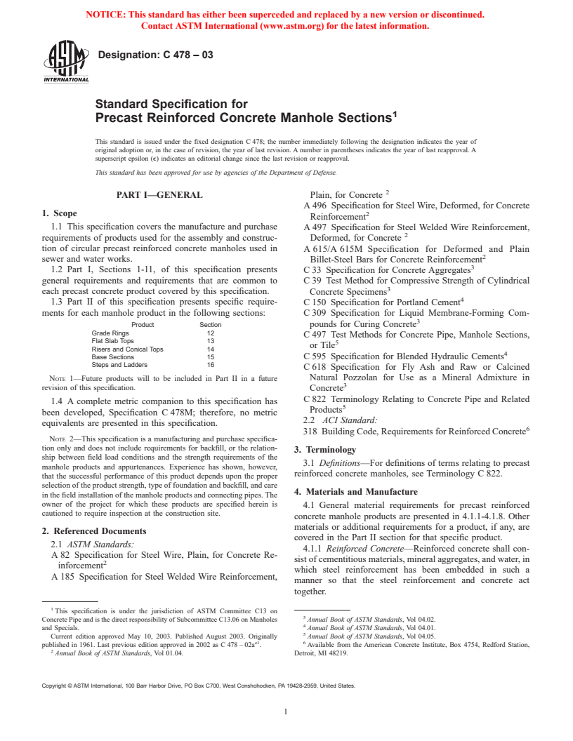 ASTM C478-03 - Standard Specification for Precast Reinforced Concrete Manhole Sections