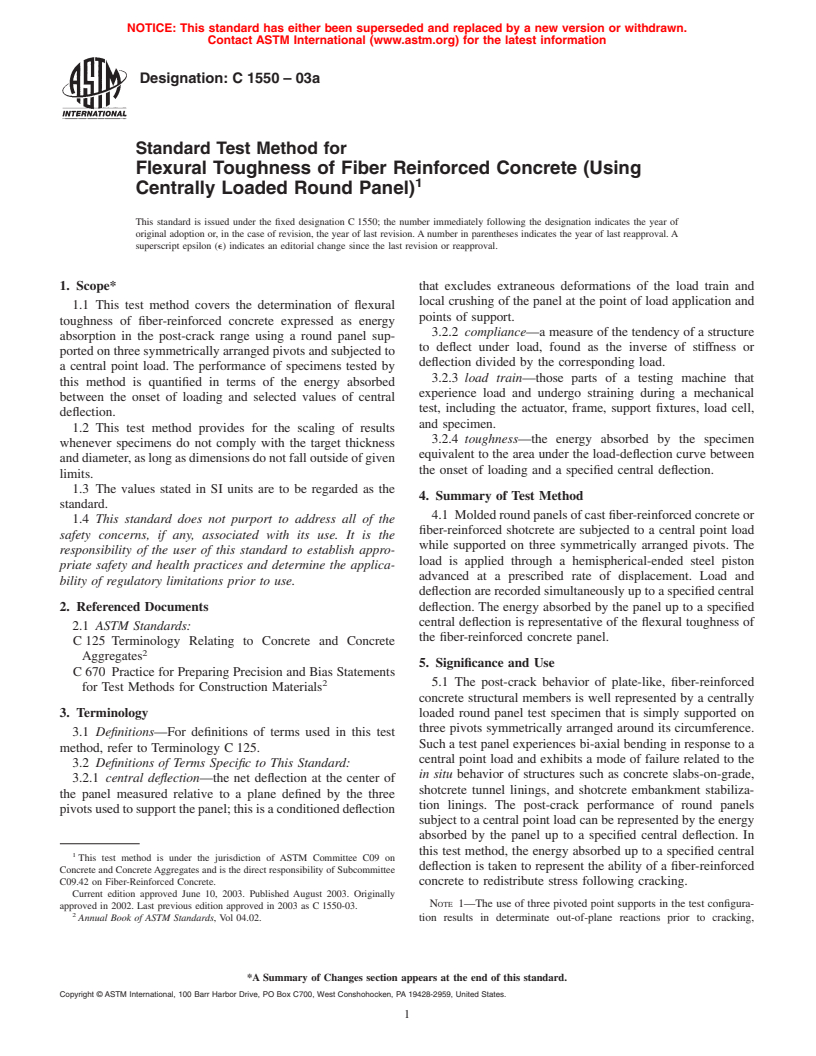 ASTM C1550-03a - Standard Test Method for Flexural Toughness of Fiber Reinforced Concrete (Using Centrally Loaded Round Panel)