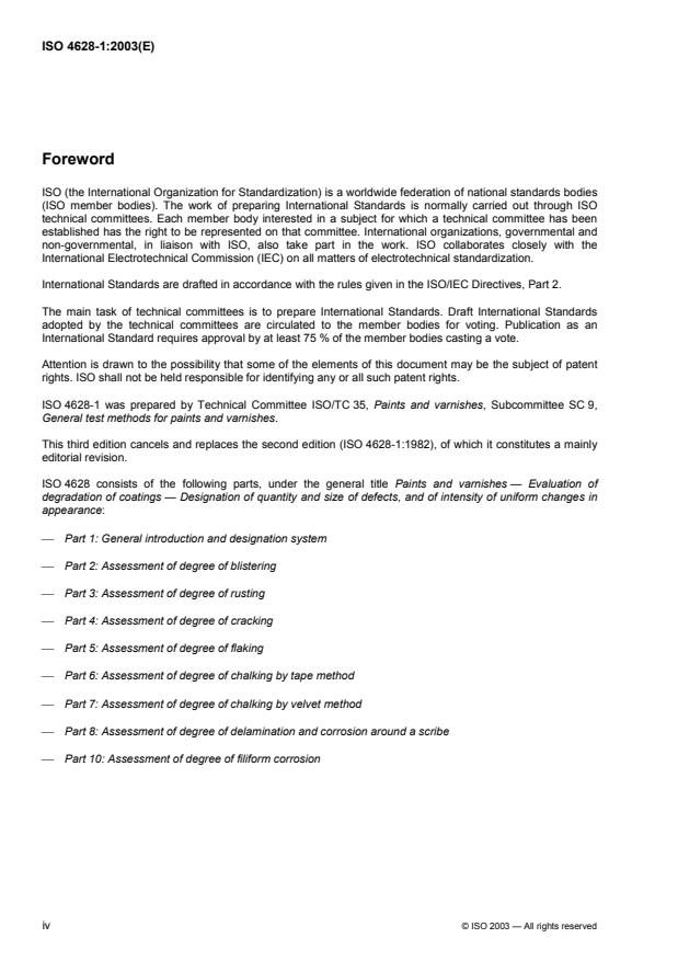 ISO 4628-1:2003 ISO 4628-1:2003 - Paints and varnishes -- Evaluation of degradation of coatings -- Designation of quantity and size of defects, and of intensity of uniform changes in appearance - Page 4 preview