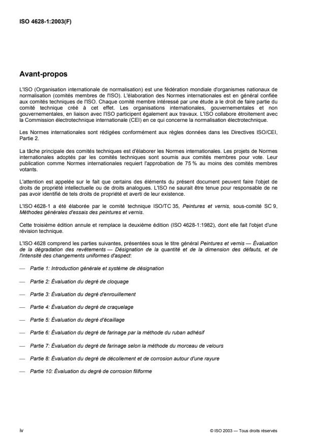 ISO 4628-1:2003 ISO 4628-1:2003 - Peintures et vernis -- Évaluation de la dégradation des revetements -- Désignation de la quantité et de la dimension des défauts, et de l'intensité des changements uniformes d'aspect - Page 4 preview