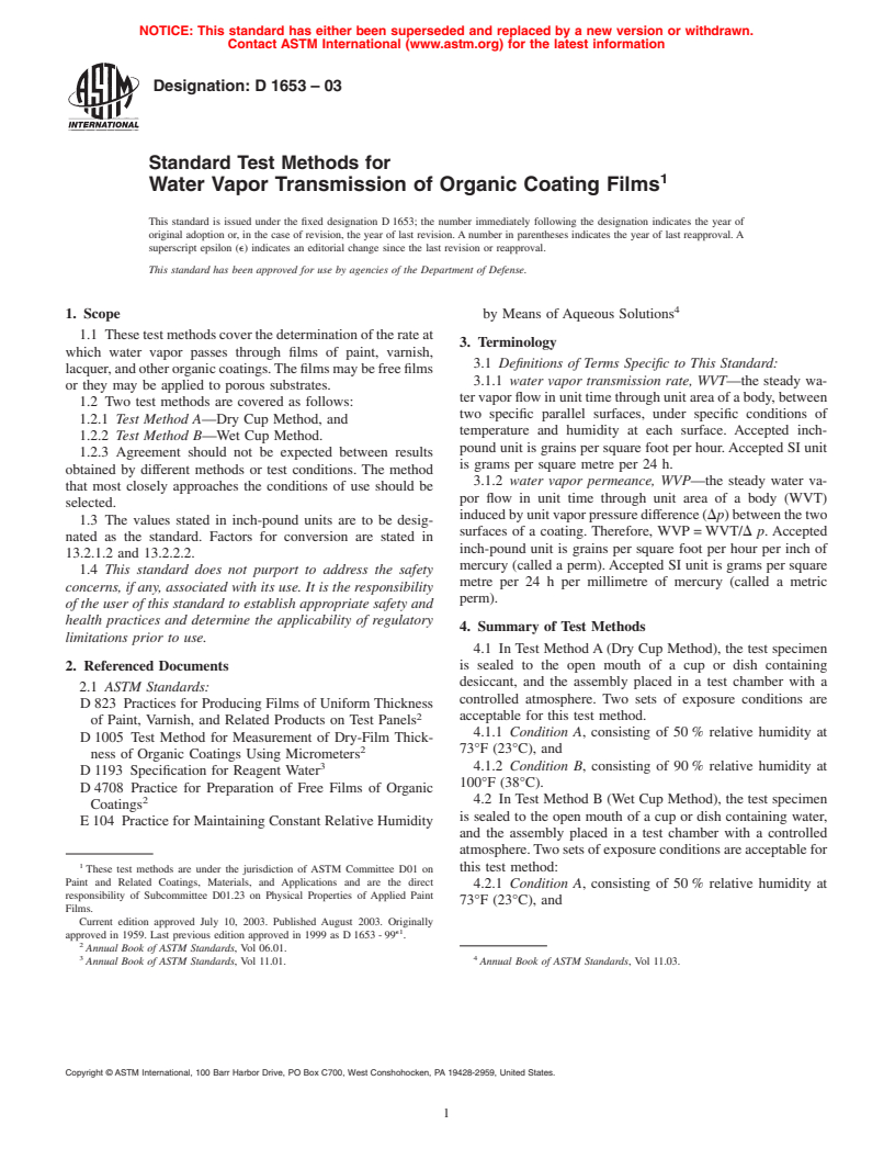 ASTM D1653-03 - Standard Test Methods for Water Vapor Transmission of Organic Coating Films